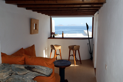Lanzarote, Casa Dominique: salon avec vue sur mer
